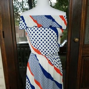 Prospero Orange/Ivory/Blue Off-The-Shoulder Dress